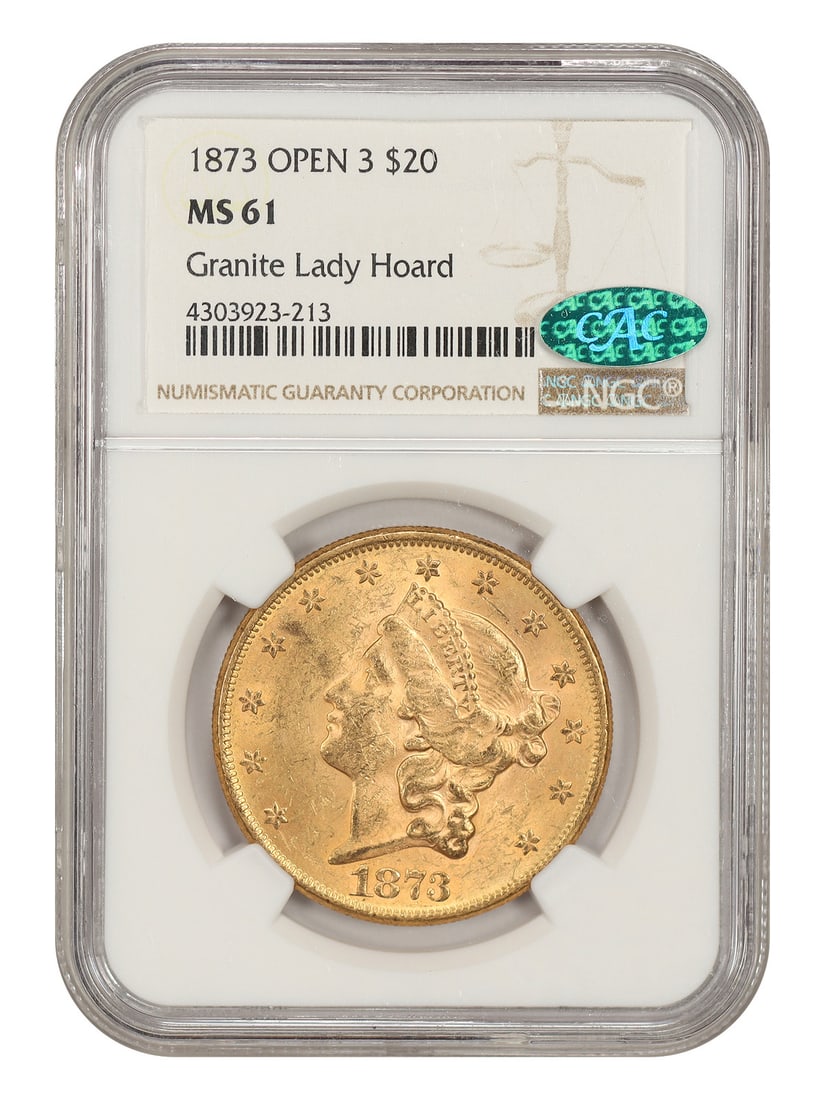 1873 Open 3 Liberty Head Double Eagle $20 NGC CAC MS61: 1873 Open 3 Liberty Head Double Eagle $20 NGC CAC MS61 1873 Liberty Head $20 Double Eagle, Open 3 variety. Certified by NGC and bearing a CAC designation, this uncirculated example is graded MS61. The