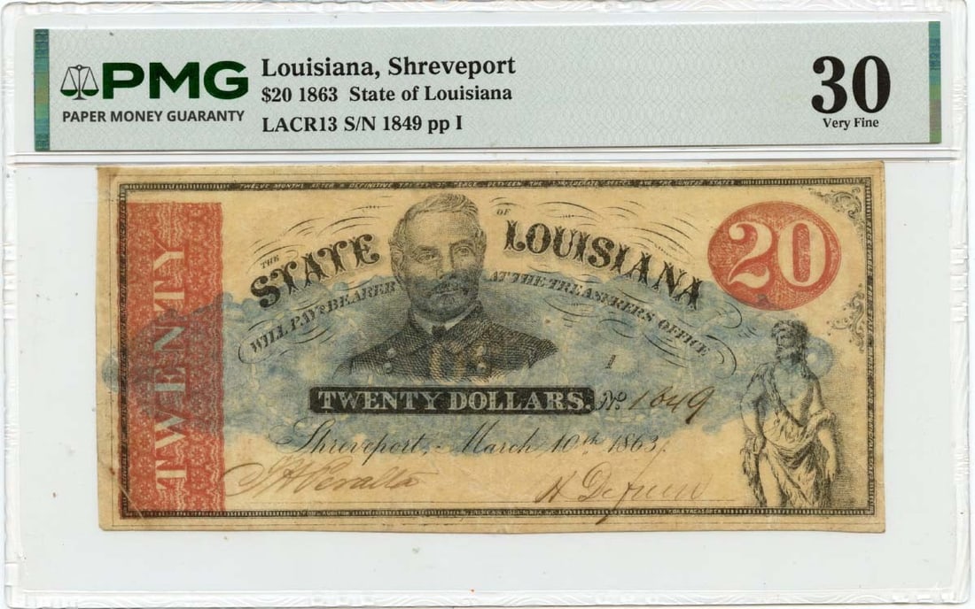 PMG VF30 1863 Louisiana State of Louisiana Shreveport $20 Obsolete Note: PMG VF30 1863 Louisiana State of Louisiana Shreveport $20 Obsolete Note 1863 State of Louisiana obsolete note from Shreveport, Louisiana, graded PMG VF30. This pre-owned, circulated note is identified