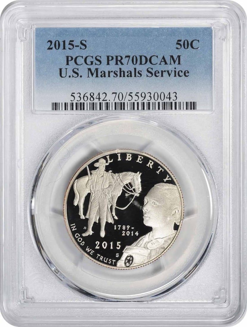PCGS PR70DCAM 2015-S Marshals Service proof half dollar: PCGS PR70DCAM 2015-S Marshals Service proof half dollar This 2015-S U.S. Marshals Service Commemorative Half Dollar is a proof coin graded PR70DCAM by PCGS. Struck at the San Francisco Mint, it featur