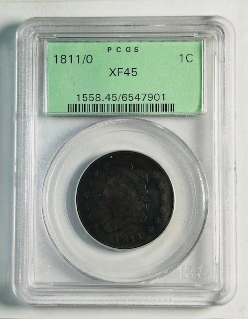 Classic Head 1811 Over 0 Copper Cent PCGS XF45 Brown OGH: Classic Head 1811 Over 0 Copper Cent PCGS XF45 Brown OGH This 1811/0 Classic Head Large Cent has been certified by PCGS with a grade of XF-45 BN and is housed in an old green holder. Struck in copper 
