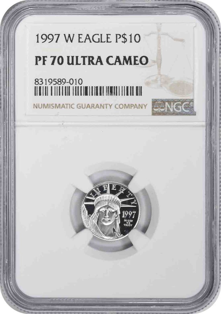 1997-W Platinum $10 American Eagle Coin NGC PR70 Ultra Cameo: 1997-W Platinum $10 American Eagle Coin NGC PR70 Ultra Cameo This 1997-W $10 American Platinum Eagle coin features a proof grade of PR70 Ultra Cameo certified by NGC. Struck by the U.S. Mint at West P