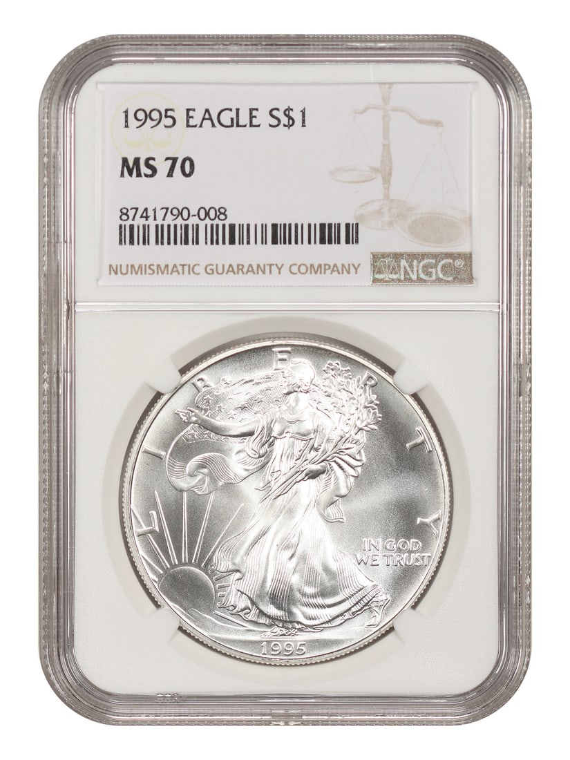 NGC MS70 1995 $1 American Silver Eagle 1 oz coin: NGC MS70 1995 $1 American Silver Eagle 1 oz coin 1995 $1 Silver Eagle certified by NGC as MS70. This uncirculated Better Date 1 oz silver coin is noted as difficult to locate in perfect MS70 condition