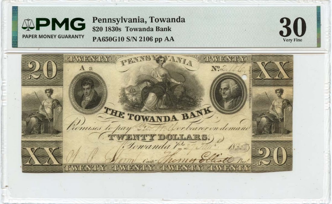 Towanda Bank 1835 Pennsylvania $20 Obsolete Currency PMG VF30: Towanda Bank 1835 Pennsylvania $20 Obsolete Currency PMG VF30 This 1835 $20 obsolete banknote from Towanda Bank in Towanda, Pennsylvania is certified by PMG with a VF30 grade. The note is circulated a