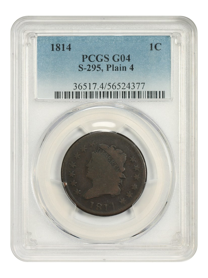 Classic Head Cent 1814 1C PCGS G04 Plain 4 S-295: Classic Head Cent 1814 1C PCGS G04 Plain 4 S-295 1814 Classic Head Cent, Plain 4, Sheldon-295 variety. This circulated coin is PCGS certified and graded Good 04. The holder has some stress fractures o