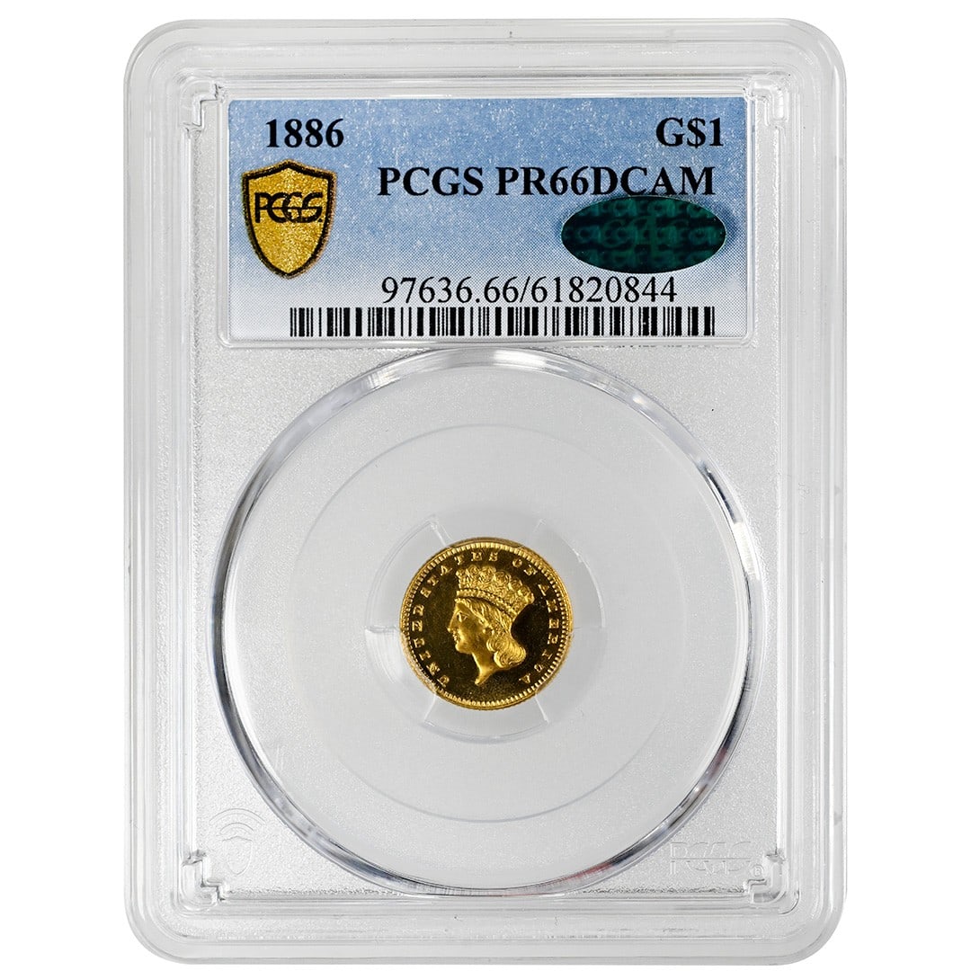 1886 PCGS CAC PR66DCAM Gold Dollar Philadelphia Proof: 1886 PCGS CAC PR66DCAM Gold Dollar Philadelphia Proof This 1886 Gold Dollar is a rare Type 3 Indian Princess Large Head coin, struck as a proof with an ultra cameo finish at the Philadelphia Mint. Gra