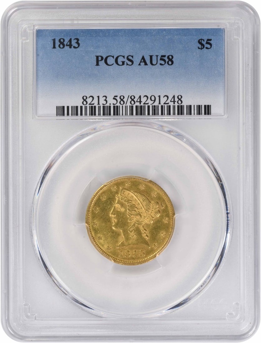 1843 Liberty Head Five Dollar Gold Coin PCGS AU58 Philadelphia Mint: 1843 Liberty Head Five Dollar Gold Coin PCGS AU58 Philadelphia Mint This 1843 $5 Gold Liberty Head coin, graded AU58 by PCGS, features the iconic Liberty Head design by Christian Gobrecht. Minted in P
