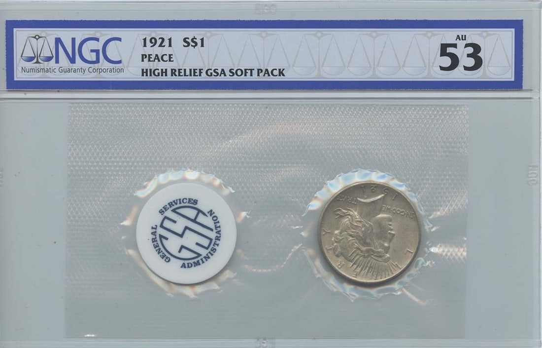 1921 High Relief Peace Dollar Soft Pack NGC AU53 Certified Silver Coin: 1921 High Relief Peace Dollar Soft Pack NGC AU53 Certified Silver Coin This is a 1921 Peace Dollar featuring a high relief design, certified by NGC with an AU53 grade. The coin originates from the Phi