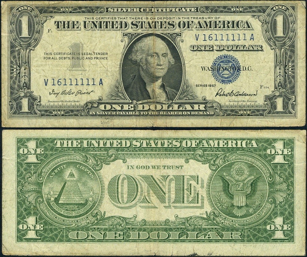 1957 $1 Silver Certificate FR 1619 Serial V16111111A: 1957 $1 Silver Certificate FR 1619 Serial V16111111A This is a 1957 $1 Silver Certificate from the United States, featuring serial number V16111111A. The note is circulated and graded as Fine+, showin