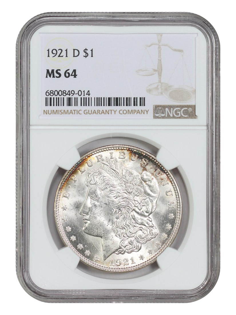 NGC MS64 1921-D Morgan Silver Dollar Denver Mint Final Issue: NGC MS64 1921-D Morgan Silver Dollar Denver Mint Final Issue 1921-D Morgan Dollar certified by NGC in MS64 condition. This uncirculated coin is the final Denver Mint-issued Morgan silver dollar, struc
