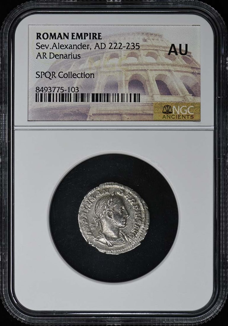 NGC AU Roman Empire AR Denarius of Severus Alexander AD 222-235: NGC AU Roman Empire AR Denarius of Severus Alexander AD 222-235 This is a Roman Empire AR Denarius coin from the reign of Severus Alexander, dated AD 222-235. The coin has been authenticated and grade