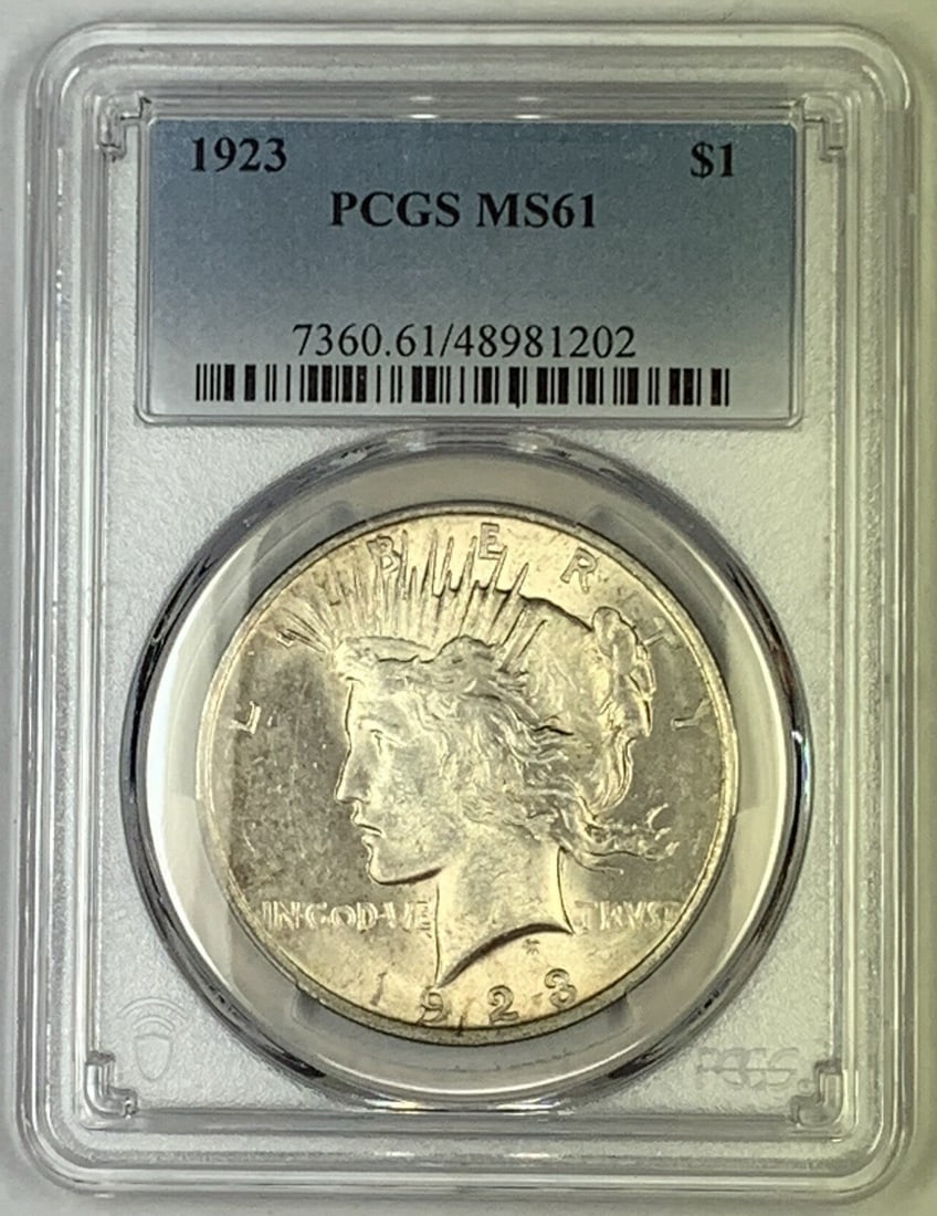 PCGS MS 61 Peace Silver Dollar 1923 Certified Uncirculated $1 Coin: PCGS MS 61 Peace Silver Dollar 1923 Certified Uncirculated $1 Coin This 1923 Peace Silver Dollar coin from the United States is certified by PCGS with a grade of MS 61. The coin is uncirculated and co
