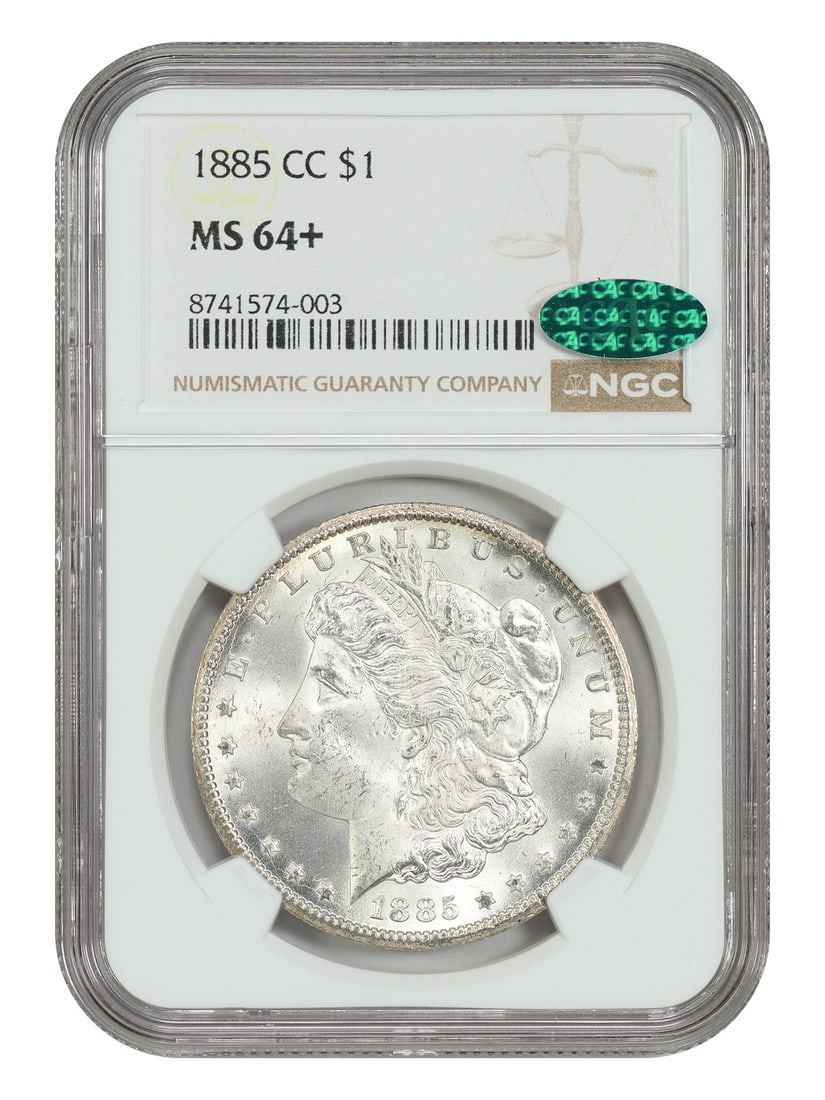 Carson City 1885 Morgan Silver Dollar NGC CAC MS64+: Carson City 1885 Morgan Silver Dollar NGC CAC MS64+ 1885-CC Morgan Dollar certified by NGC and CAC in MS64+ condition. This Carson City issue is noted as the lowest mintage Carson City date in the Mor