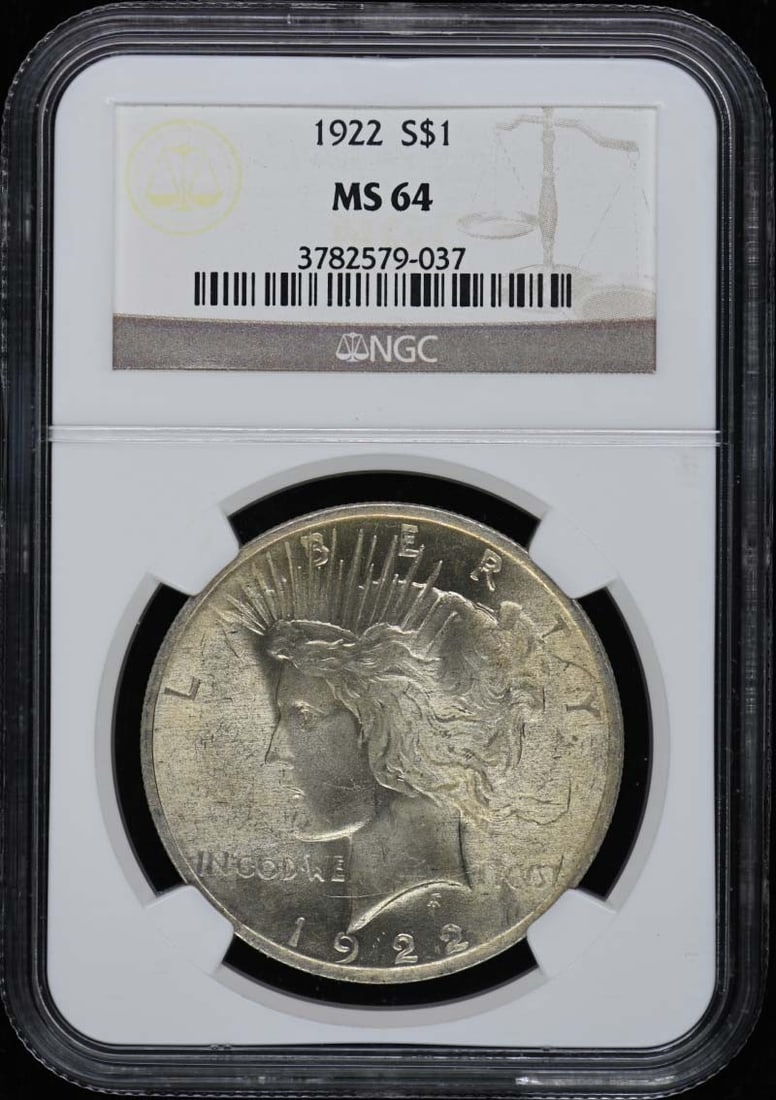 NGC MS64 1922 Peace Dollar Philadelphia: NGC MS64 1922 Peace Dollar Philadelphia This 1922 Peace Dollar is graded MS64 by NGC and originates from the Philadelphia Mint. It is an uncirculated coin and represents the iconic Peace Dollar design
