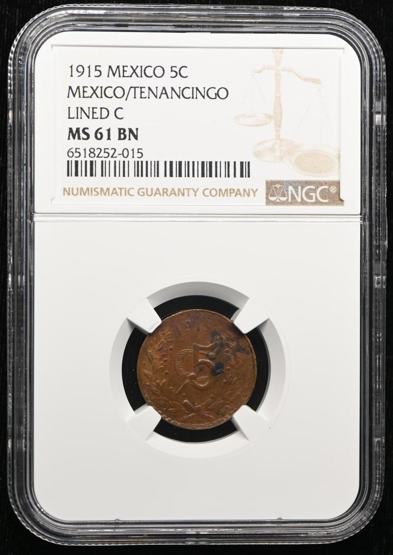 1915 Mexico 5C Tenan KM-689.1 GB-259 NGC MS61BN Coin: 1915 Mexico 5C Tenan KM-689.1 GB-259 NGC MS61BN Coin 1915 Mexico 5 centavos coin certified by NGC and graded MS61BN. This pre-owned piece is listed as uncirculated. Specifications Country Of Origin: M