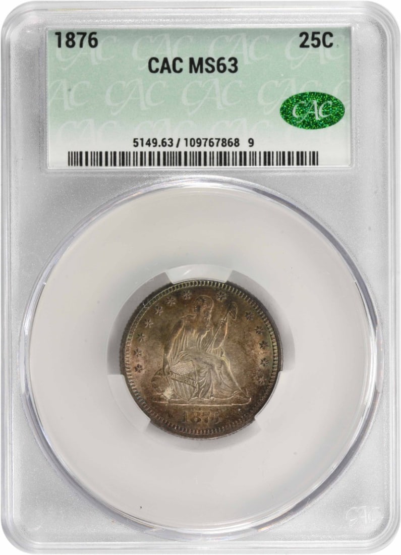 CACG MS63 1876 Seated Liberty 25C Silver Quarter: CACG MS63 1876 Seated Liberty 25C Silver Quarter 1876 Liberty Seated Silver Quarter graded MS63 by CACG. This 25C coin features the Seated Liberty design and was minted in Philadelphia. It is composed