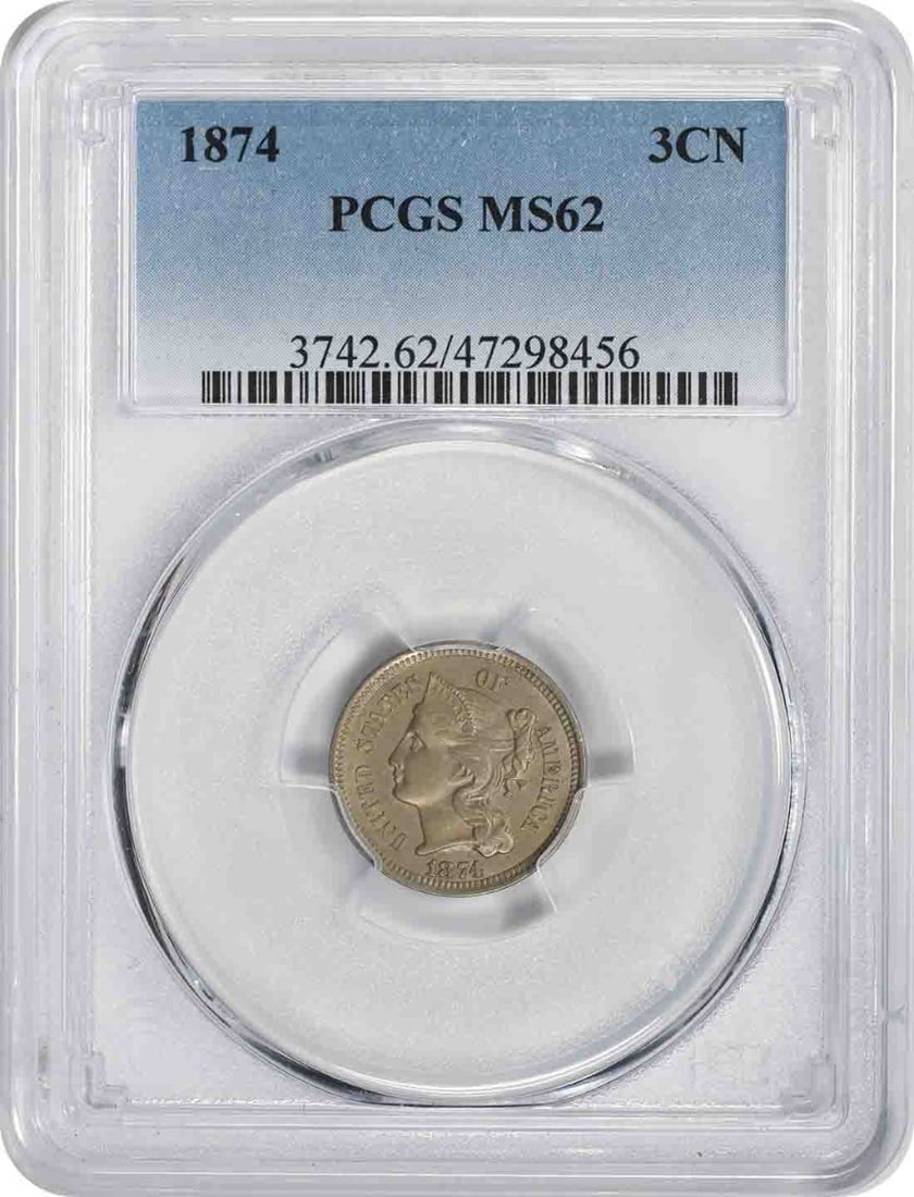 1874 Three Cent Nickel MS62 PCGS Uncirculated Coin: 1874 Three Cent Nickel MS62 PCGS Uncirculated Coin This 1874 Three Cent Nickel is graded MS62 by PCGS, indicating an uncirculated condition. Minted in Philadelphia, this coin features a composition of