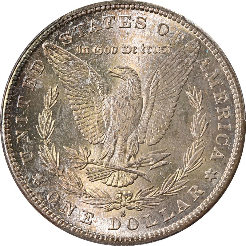 PCGS MS66 1881-S Morgan Dollar with Toned Reverse: PCGS MS66 1881-S Morgan Dollar with Toned Reverse This is an 1881-S Morgan Silver Dollar graded MS66 by PCGS. The coin is uncirculated and features reverse toning. It is composed of silver with a fine