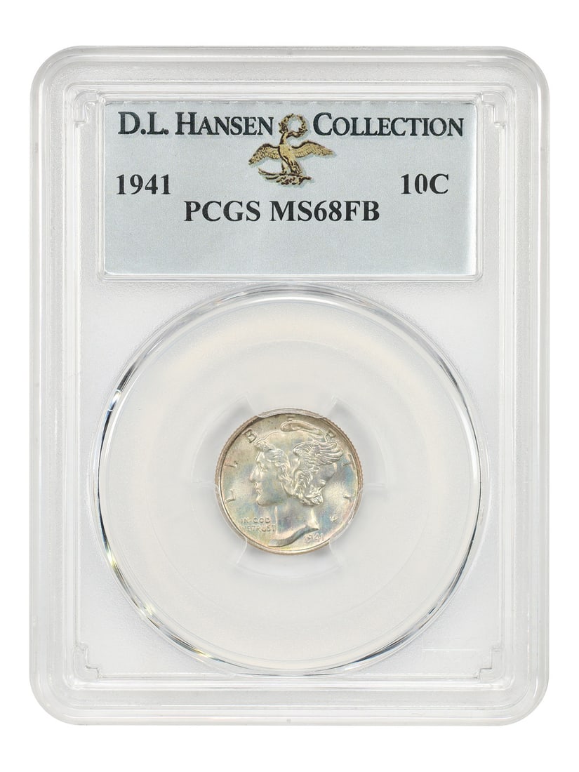 PCGS MS68FB 1941 Mercury Dime 10C ex D.L. Hansen: PCGS MS68FB 1941 Mercury Dime 10C ex D.L. Hansen 1941 Mercury dime certified by PCGS as MS68FB and noted as ex: D.L. Hansen. An otherwise common coin in an uncommon grade, with none numerically finer 