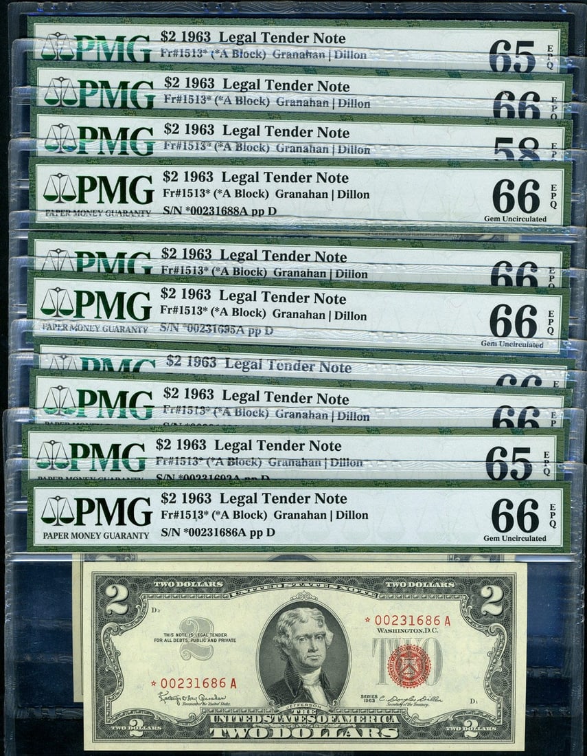 10 PMG graded 1963 $2 Legal Tender Star Notes FR 1513 (1 of 2)