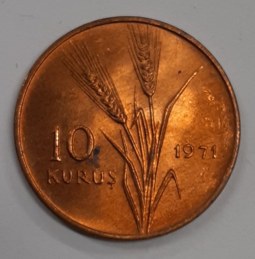 Roll of 50 Bronze 1971 10 Kurus Turkey Coins KM 898 Uncirculated: Roll of 50 Bronze 1971 10 Kurus Turkey Coins KM 898 Uncirculated This is a roll of 50 uncirculated 1971 Turkey 10 Kurus FAO coins. Each coin is made of bronze and may display some toning. The coins ar