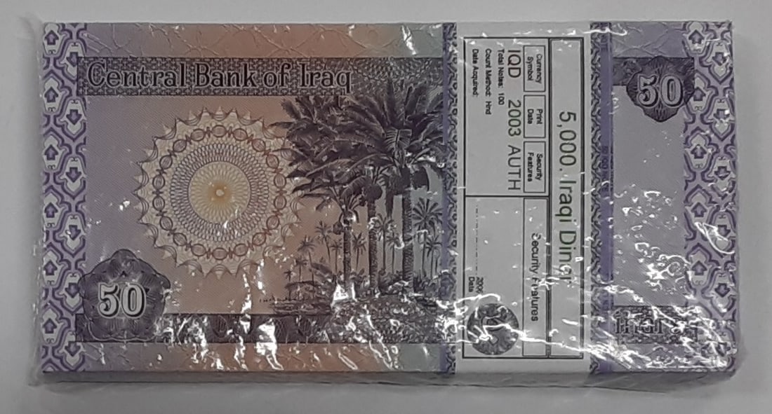 Sealed Bundle of 100 Uncirculated 2003 Iraq 50 Dinar Banknotes Pick 90: Sealed Bundle of 100 Uncirculated 2003 Iraq 50 Dinar Banknotes Pick 90 This is a sealed pack of 100 uncirculated 2003 Iraq 50 Dinar banknotes, Pick#90. Each note remains crisp and is presented in its 