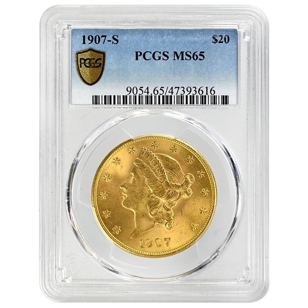 PCGS MS65 1907-S Liberty Head Double Eagle $20 Gold With Motto: PCGS MS65 1907-S Liberty Head Double Eagle $20 Gold With Motto 1907-S $20 Liberty Head Double Eagle graded PCGS MS65. This pre-owned United States gold coin is a Type 3 issue with the With Motto desig