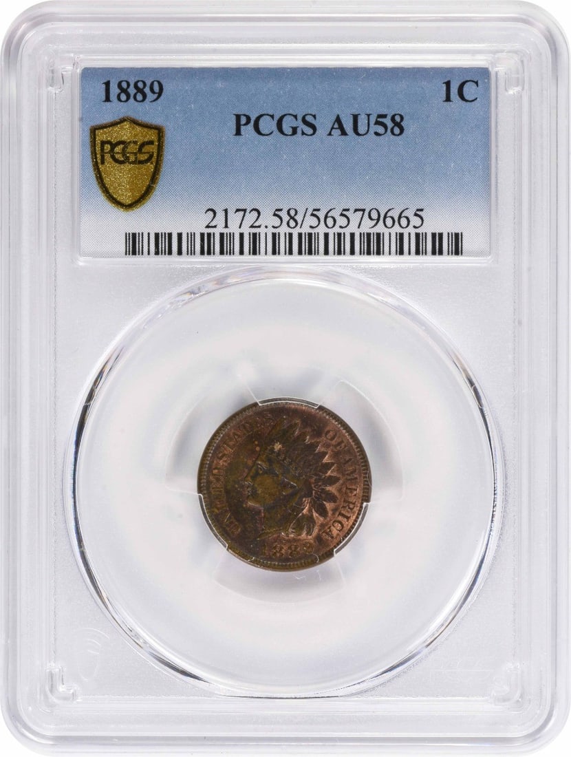 PCGS AU58 1889 Indian Head Small Cent Copper: PCGS AU58 1889 Indian Head Small Cent Copper 1889 Indian Head Small Cent graded AU58 by PCGS. This pre-owned United States coin is a circulated example struck in copper. Specifications Item Type: Coin