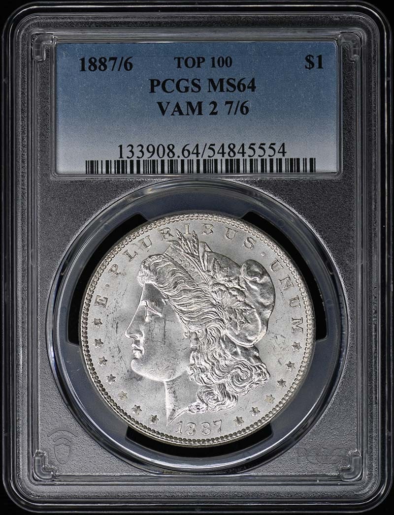 1887/6 $1 Morgan Dollar VAM 2 PCGS MS64 Uncirculated: 1887/6 $1 Morgan Dollar VAM 2 PCGS MS64 Uncirculated This 1887/6 $1 Overdate VAM 2 Morgan Dollar is a remarkable piece, certified by PCGS with a grade of MS64, indicating its uncirculated condition. M