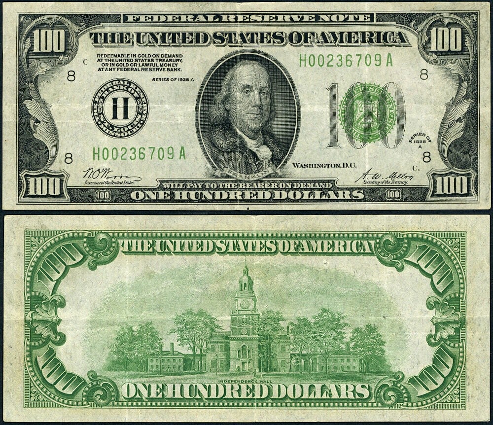 1928-A $100 St. Louis Federal Reserve Note FR 2151 H-A Block VF Plus: 1928-A $100 St. Louis Federal Reserve Note FR 2151 H-A Block VF Plus This is a 1928-A $100 Federal Reserve Note from St. Louis, featuring the H-A Block and the Gold Demand clause. The note is circulat