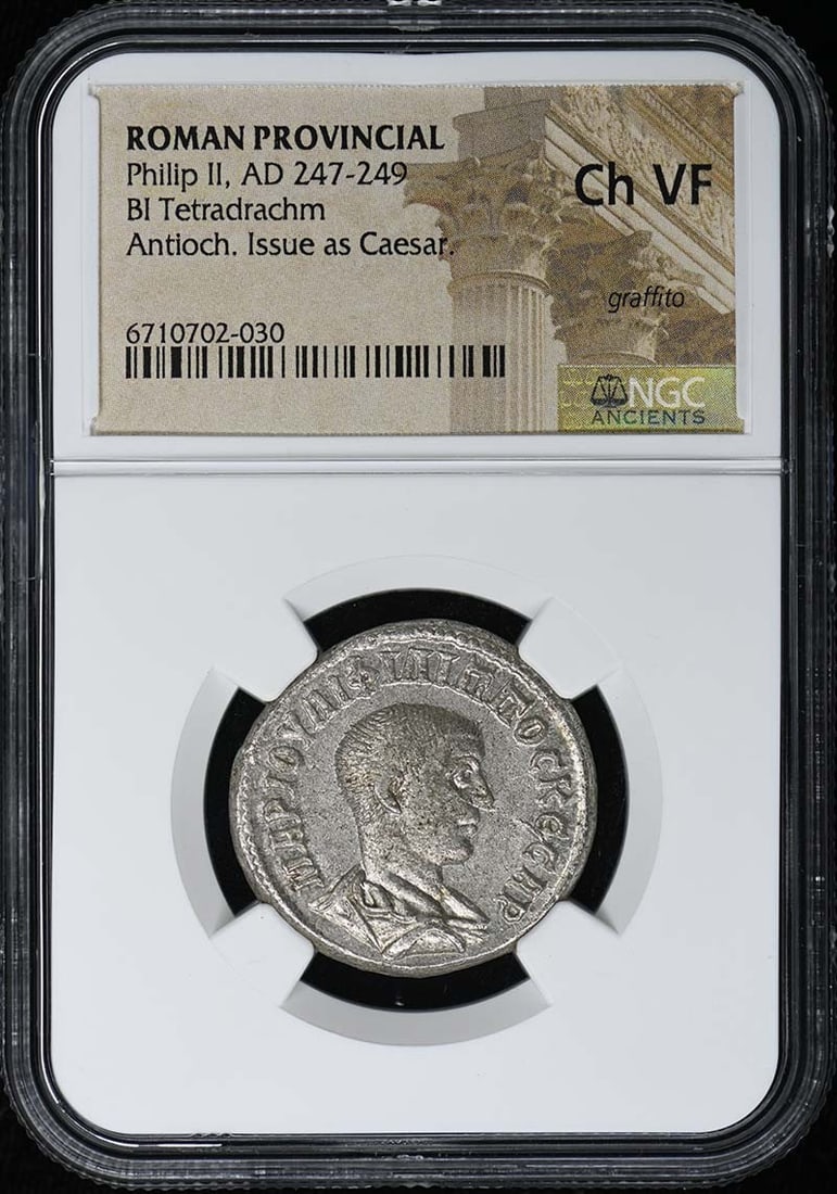 NGC Certified Roman Provincial Tetradrachm of Philip II Ch VF: NGC Certified Roman Provincial Tetradrachm of Philip II Ch VF This is a Roman Provincial BI Tetradrachm coin from the reign of Philip II, dated AD 247-249. The coin is certified by NGC with a grade of