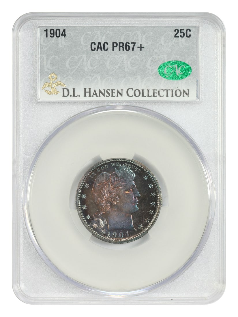 Barber Quarter 1904 25C PR67+ CACG ex D.L. Hansen: Barber Quarter 1904 25C PR67+ CACG ex D.L. Hansen 1904 Barber Quarter proof certified PR67+ by CACG and pedigreed ex: D.L. Hansen. This uncirculated example features deeply original, multicolored toni