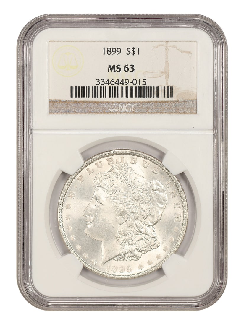 1899 Philadelphia Morgan Dollar $1 NGC MS63: 1899 Philadelphia Morgan Dollar $1 NGC MS63 1899 Morgan Dollar $1 certified by NGC with an MS63 grade. Struck at the Philadelphia Mint, this uncirculated coin is identified as a Better P-Mint Morgan. 