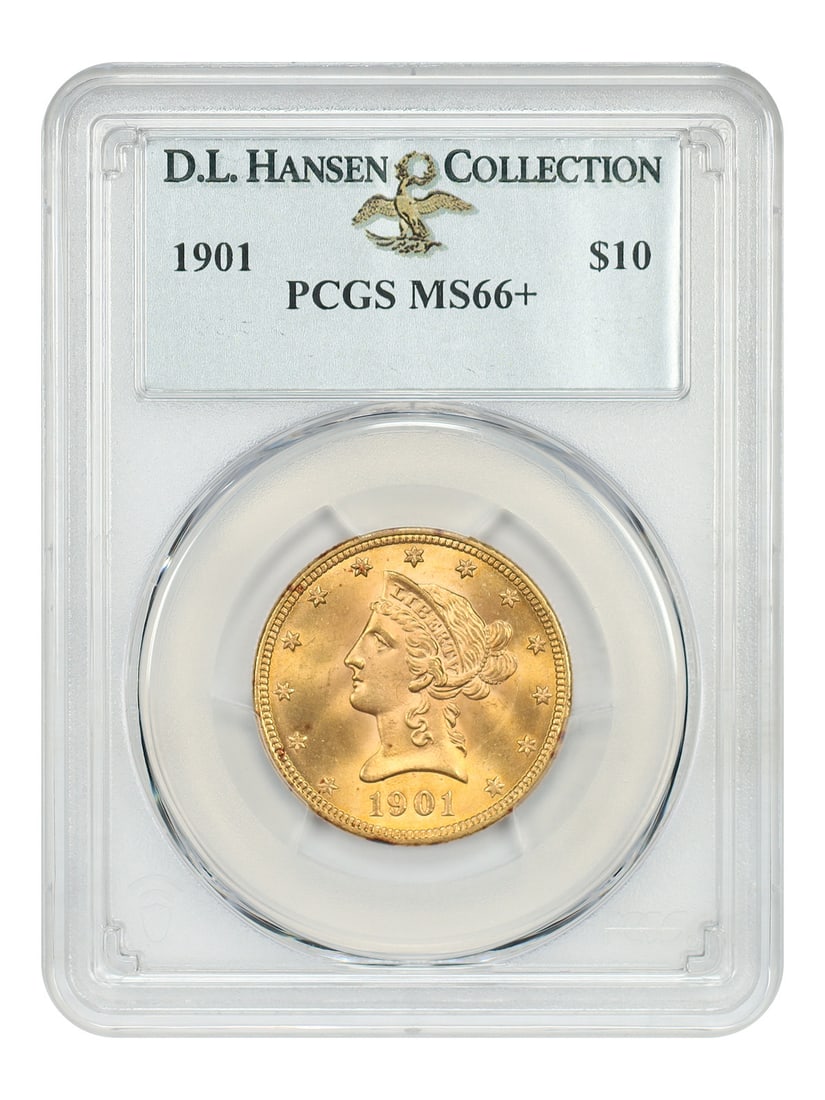 1901 Liberty Head $10 Gold Coin PCGS MS66+ ex D.L. Hansen: 1901 Liberty Head $10 Gold Coin PCGS MS66+ ex D.L. Hansen 1901 $10 Liberty Head eagle certified by PCGS in MS66+ grade, with certification number 39242132. Struck at the Philadelphia Mint and describe