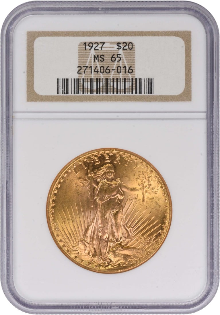 1927 Saint Gaudens $20 Gold Coin MS65 Graded by NGC: 1927 Saint Gaudens $20 Gold Coin MS65 Graded by NGC This is a 1927 $20 Saint-Gaudens Double Eagle gold coin, certified by NGC with an MS65 grade. Struck at the Philadelphia Mint, this uncirculated coi