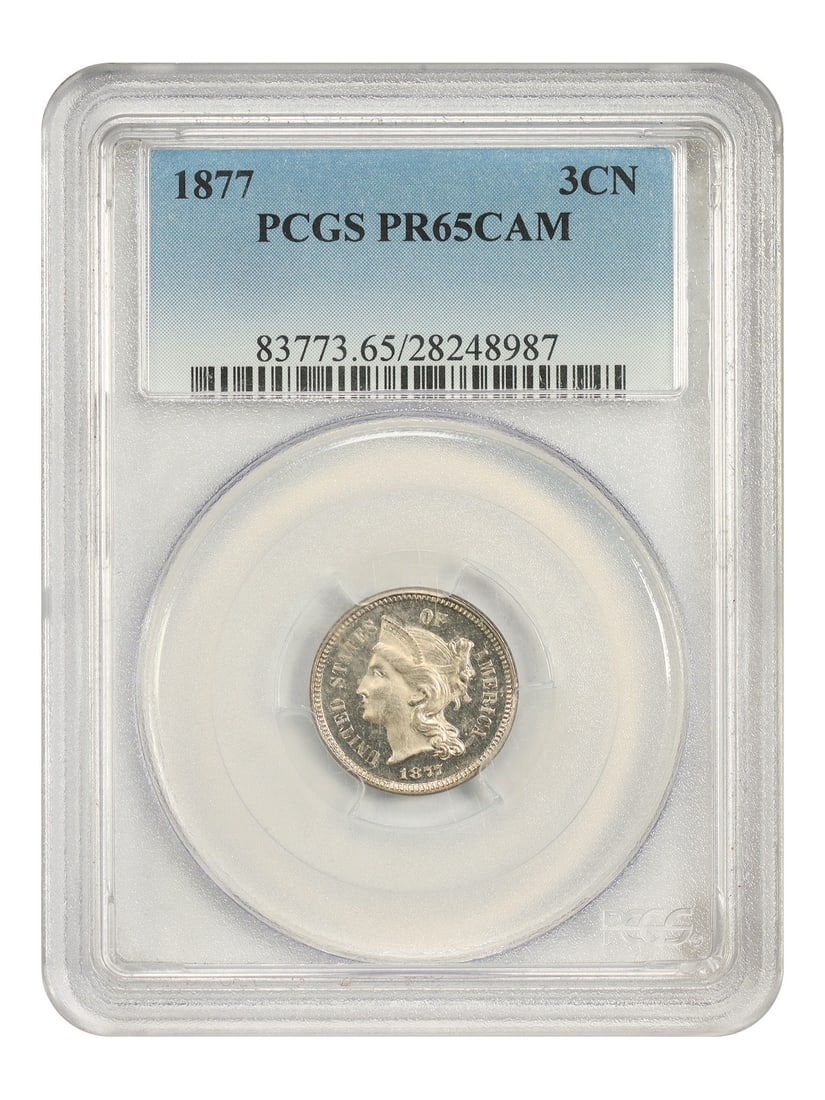 PCGS PR65CAM 1877 3CN Three Cent Nickel Proof Coin: PCGS PR65CAM 1877 3CN Three Cent Nickel Proof Coin 1877 Three Cent Nickel graded PCGS PR65CAM. This proof-only issue had a mintage of just 510 coins. The coin is described as uncirculated, with flashy