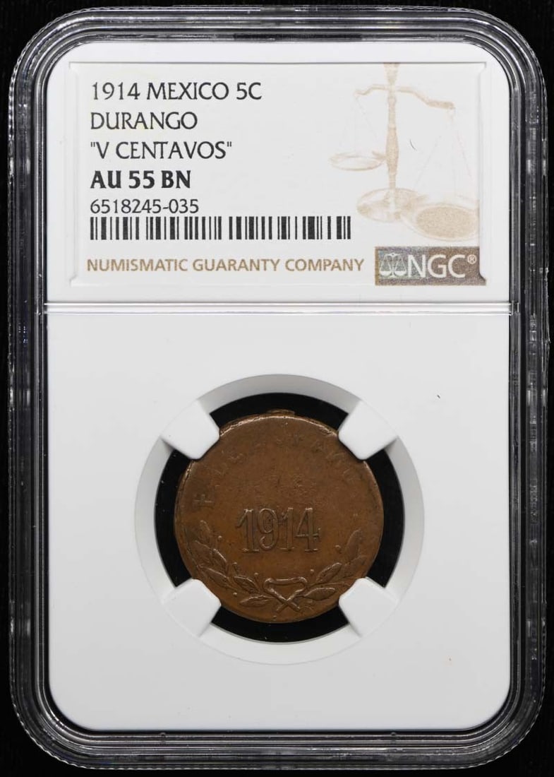Mexico Durango 1914 5C Coin NGC AU55BN KM-632 GB-136: Mexico Durango 1914 5C Coin NGC AU55BN KM-632 GB-136 1914 Mexico Durango 5 centavos coin certified by NGC and graded AU55BN. This pre-owned coin is circulated and identified as KM-632 and GB-136. Spec
