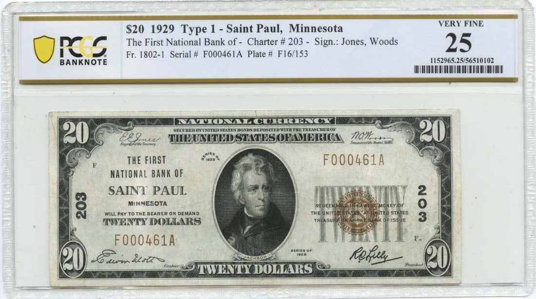 PCGS VF25 1929 $20 National Bank Note First NB Saint Paul Minnesota FR#1802-1 CH#203: PCGS VF25 1929 $20 National Bank Note First NB Saint Paul Minnesota FR#1802-1 CH#203 1929 $20 National bank note from First National Bank of Saint Paul, Minnesota, cataloged as FR#1802-1 and CH#203. T