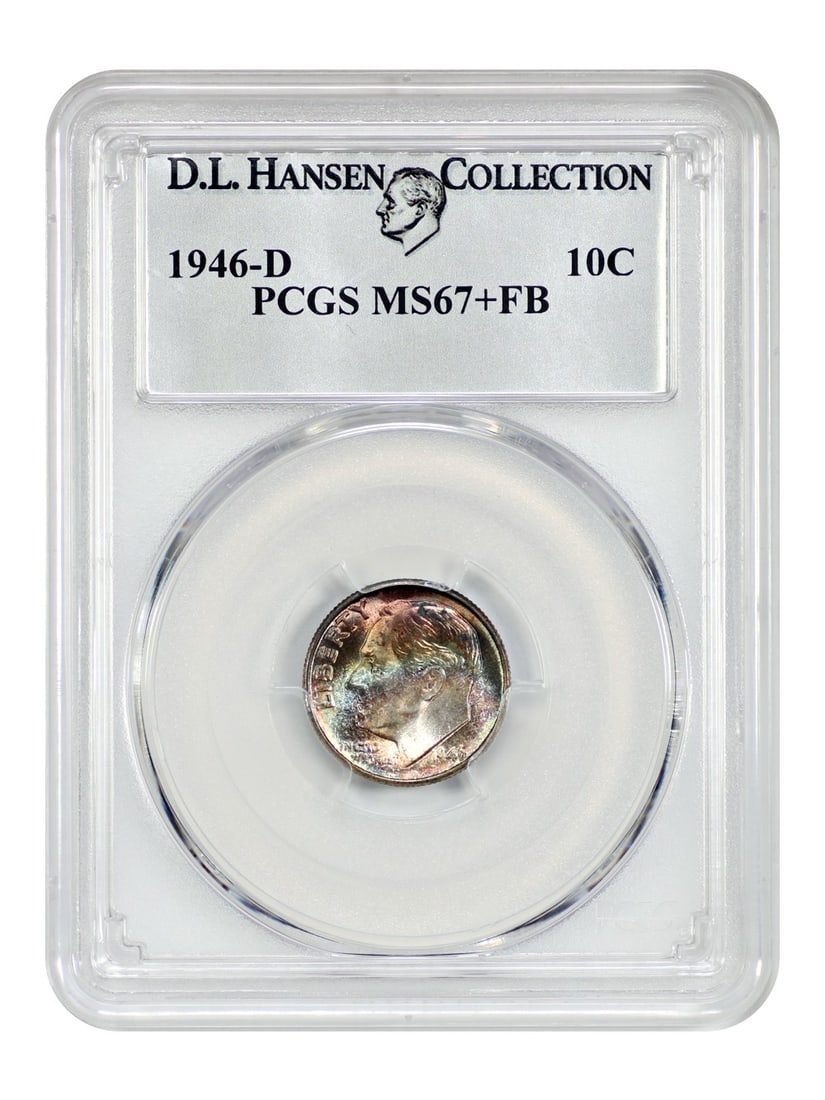 PCGS MS67+FB 1946-D Roosevelt Dime Rainbow Toned: PCGS MS67+FB 1946-D Roosevelt Dime Rainbow Toned This 1946-D Roosevelt Dime is a PCGS-certified MS67+FB example, originating from the D.L. Hansen collection. It is uncirculated and features vibrant ra