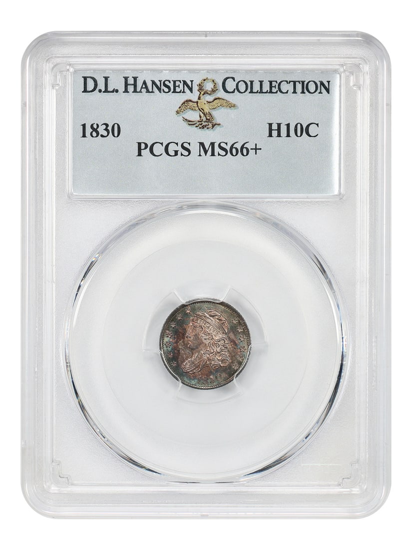 1830 Capped Bust Half Dime H10C PCGS MS66+ ex D.L. Hansen: 1830 Capped Bust Half Dime H10C PCGS MS66+ ex D.L. Hansen 1830 Capped Bust Half Dime certified by PCGS as MS66+ and pedigreed ex: D.L. Hansen. The 14 known die marriages make the 1830 half dime an int