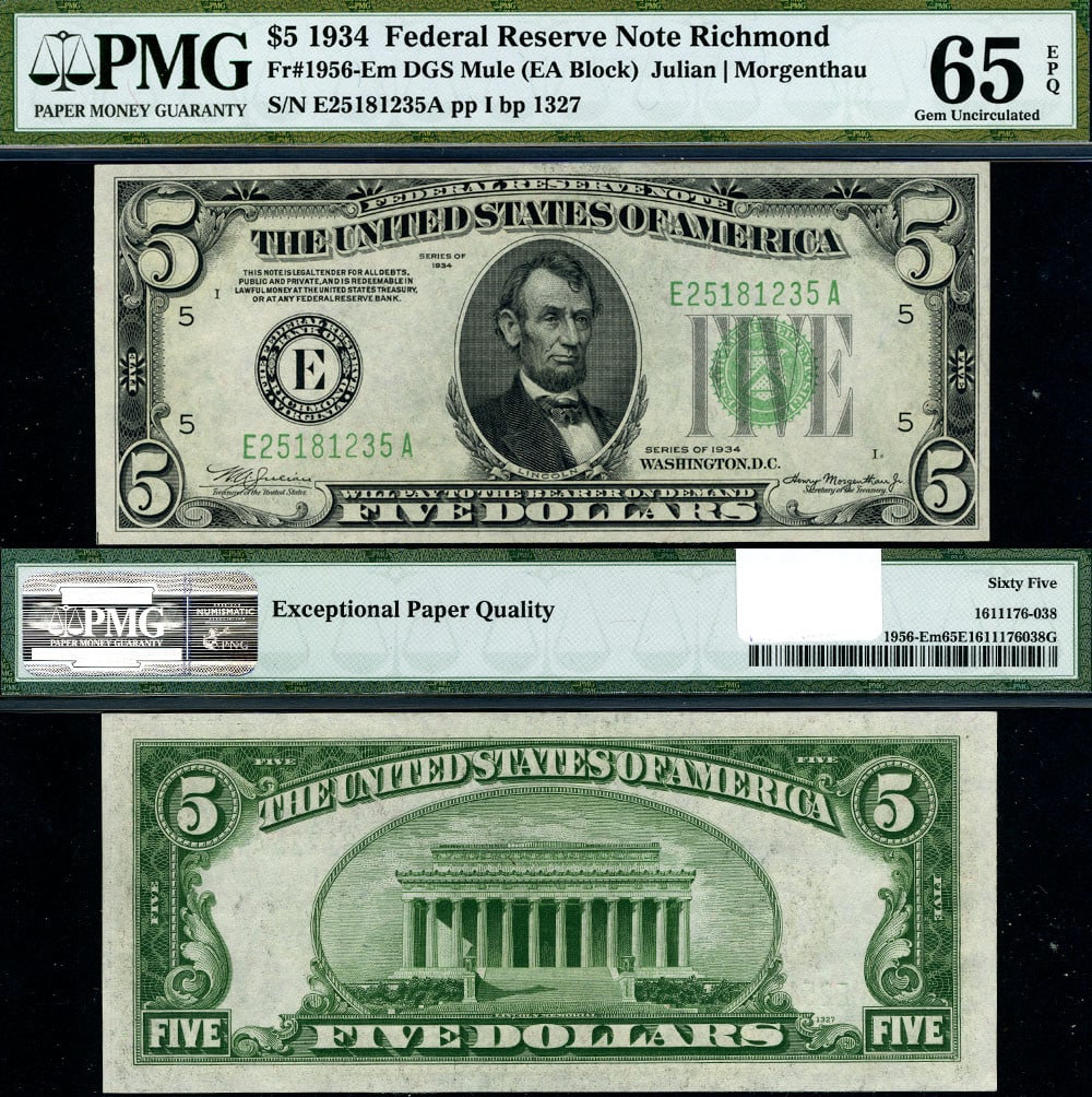 1934 $5 Federal Reserve Note Mule Richmond E-A Block PMG Gem CU65 EPQ: 1934 $5 Federal Reserve Note Mule Richmond E-A Block PMG Gem CU65 EPQ This is a 1934 Federal Reserve Note, denomination $5, specifically the FR. 1956 Em $5 1934 Mule from the Richmond E-A Block. The n