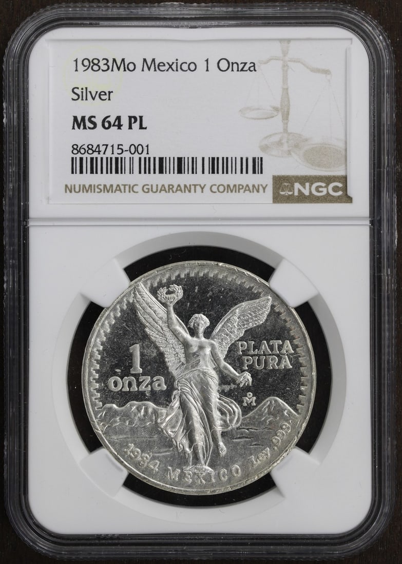 NGC MS64PL 1983-Mo Mexico 1 oz Silver Libertad Onza: NGC MS64PL 1983-Mo Mexico 1 oz Silver Libertad Onza This is a 1983 Mexican Libertad 1 oz silver coin, graded MS64 Prooflike by NGC. Minted by the Mexican Mint, this coin is composed of .999 fine silve