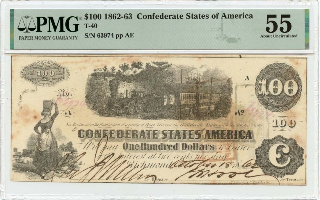PMG AU55 1862 Confederate States of America 100 Dollar Note T-40: PMG AU55 1862 Confederate States of America 100 Dollar Note T-40 1862 Confederate States of America T-40 $100 note graded PMG AU55. This pre-owned, circulated note is a certified example of Confederat