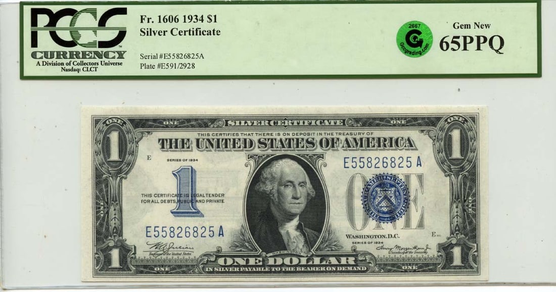 1934 $1 Silver Certificate PCGS Gem 65 PPQ Fr 1606 Green: 1934 $1 Silver Certificate PCGS Gem 65 PPQ Fr 1606 Green 1934 $1 Silver Certificate graded PCGS Currency GEM 65 PPQ. This pre-owned note is listed as uncirculated and issued in the United States. Spec