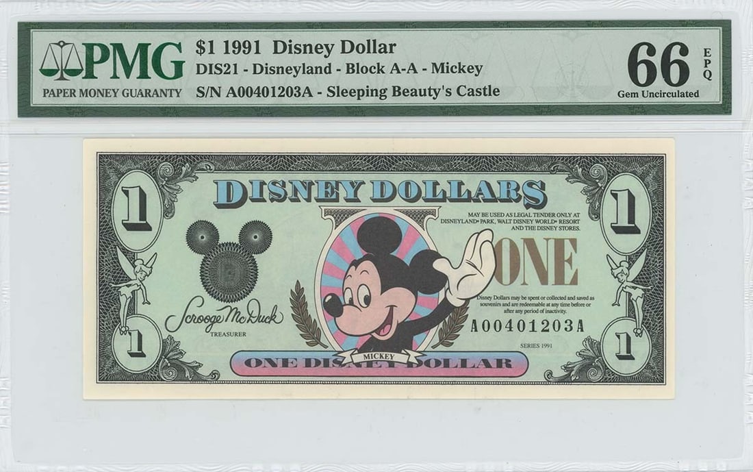 1991 Disney Dollar PMG 66 EPQ Sleeping Beauty Castle: 1991 Disney Dollar PMG 66 EPQ Sleeping Beauty Castle This 1991 Disney Dollar features Sleeping Beauty's Castle and is graded MS66 by PMG, indicating an uncirculated condition. Issued in the United Sta