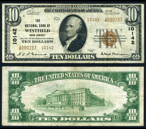 1929 T-2 $10 National Bank Note Westfield NJ Ch #10142 Uncertified: 1929 T-2 $10 National Bank Note Westfield NJ Ch #10142 Uncertified This 1929 T-2 National Bank Note from Westfield, NJ, features a denomination of $10 and is graded as Very Fine (VF). The note is in c