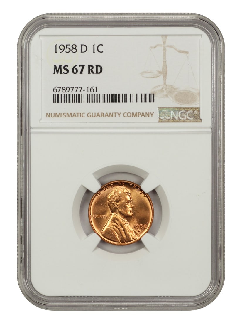 NGC MS67RD 1958-D Lincoln Wheat Cent 1C: NGC MS67RD 1958-D Lincoln Wheat Cent 1C 1958-D Lincoln Cent with Wheat Reverse, certified by NGC as MS67RD. This uncirculated coin is a pre-owned example with red color designation. Specifications Den
