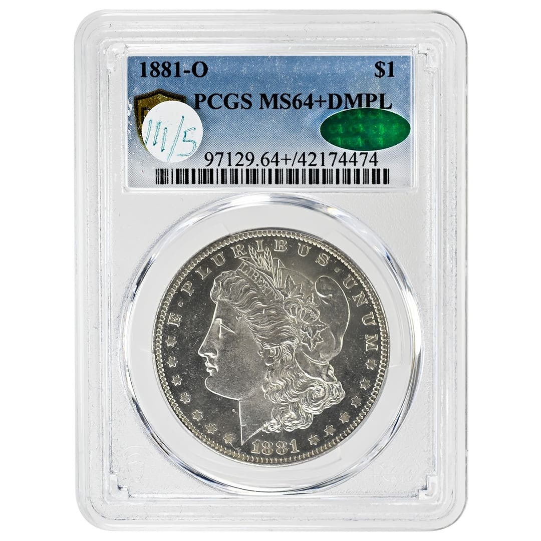 PCGS MS64+DMPL CAC 1881 O Morgan Silver Dollar $1: PCGS MS64+DMPL CAC 1881 O Morgan Silver Dollar $1 1881-O Morgan Dollar $1 rare coin, graded PCGS MS64+DMPL and CAC approved. This pre-owned United States silver dollar features the New Orleans "O" min