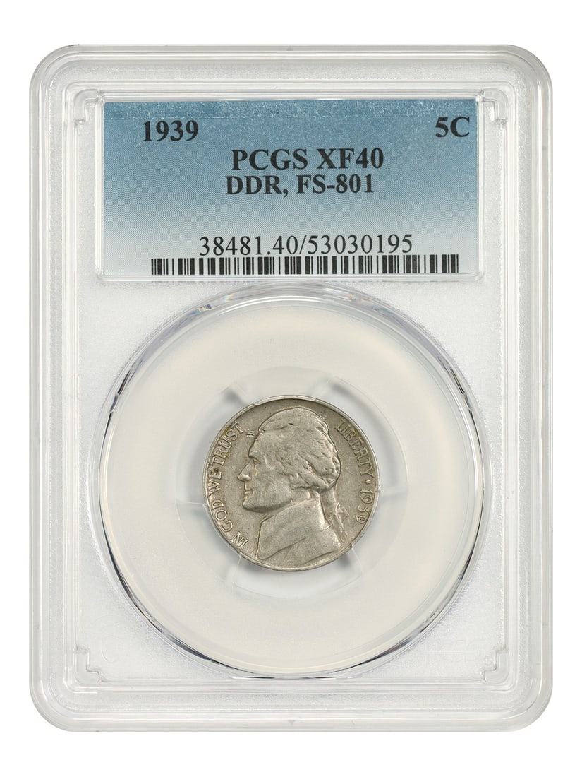 PCGS XF40 1939 Jefferson Nickel 5C DDR FS-801: PCGS XF40 1939 Jefferson Nickel 5C DDR FS-801 1939 Jefferson Nickel, denomination 5C, struck at the Philadelphia Mint and certified by PCGS as XF40. The coin is circulated and pre-owned, with certific