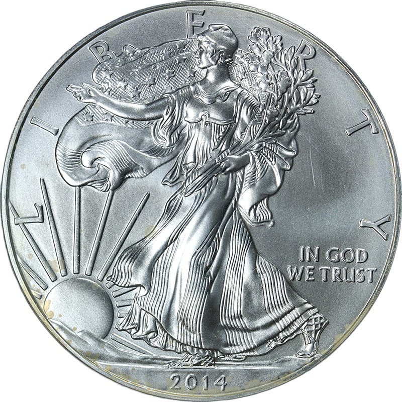 PCGS MS70 First Strike 2014 American Silver Eagle Dollar Flag Label: PCGS MS70 First Strike 2014 American Silver Eagle Dollar Flag Label Original 2014 Silver American Eagle $1 certified by PCGS as MS70 with a First Strike Flag Label. This pre-owned uncirculated coin of