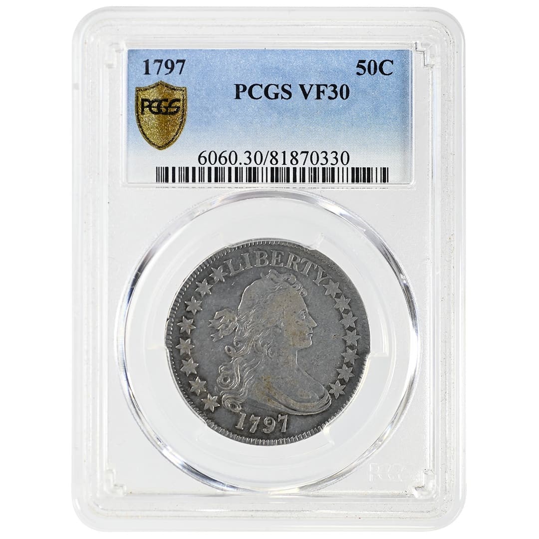 PCGS VF30 1797 Draped Bust 50C Half Dollar: PCGS VF30 1797 Draped Bust 50C Half Dollar 1797 Draped Bust Half Dollar graded PCGS VF30. This circulated silver 50C coin is identified as the Type 1 Small Eagle variety. The original description note